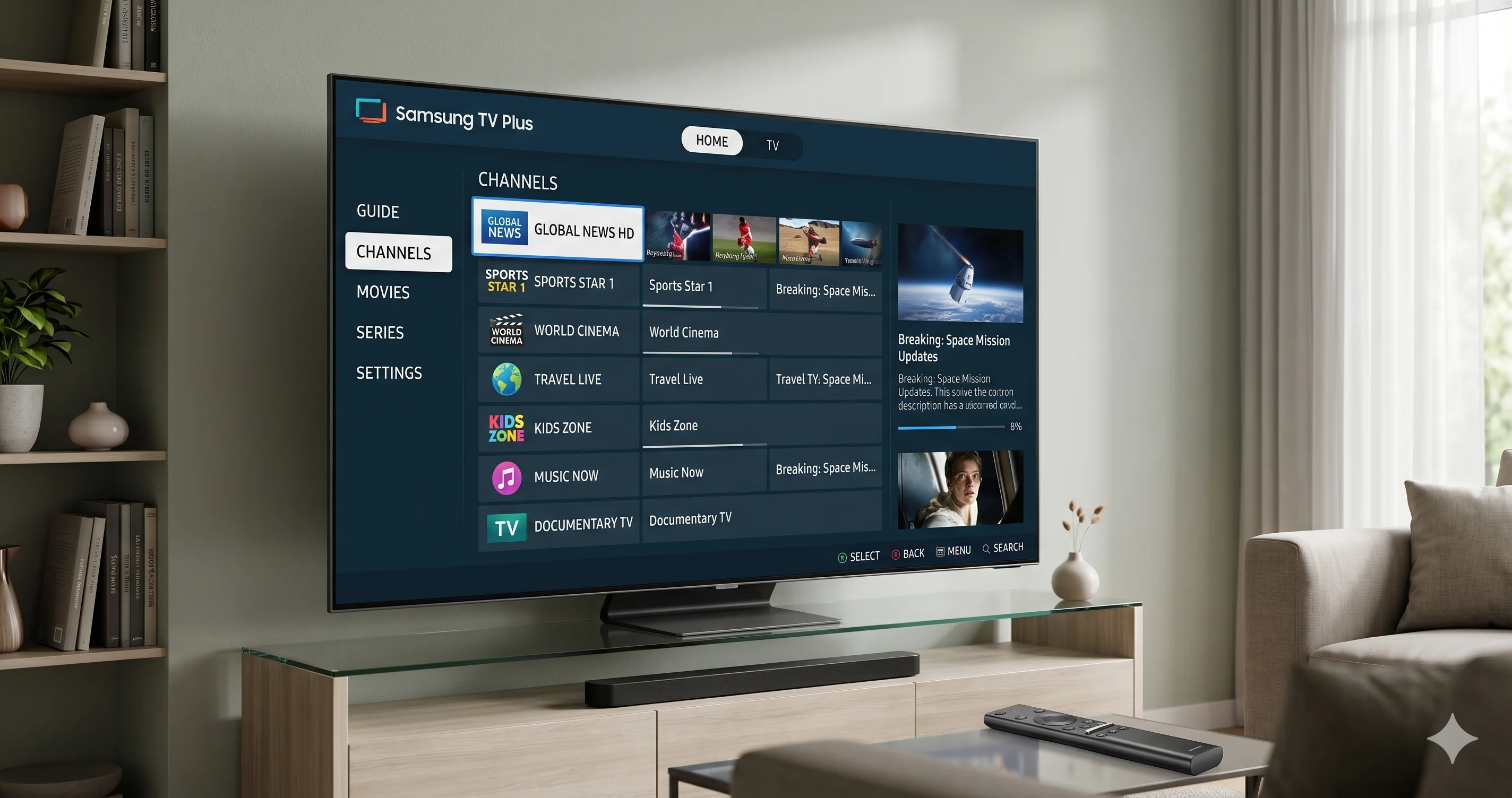 Smart TV i vardagsrum med TV kanaler